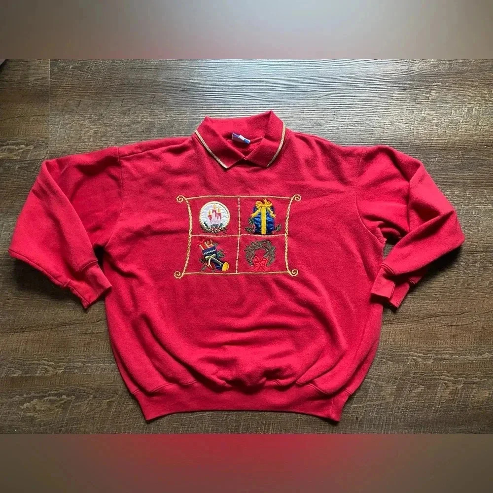Ugly Christmas sweatshirt 80s Granny-core polo collar size M red sweater - Picture 8 of 8